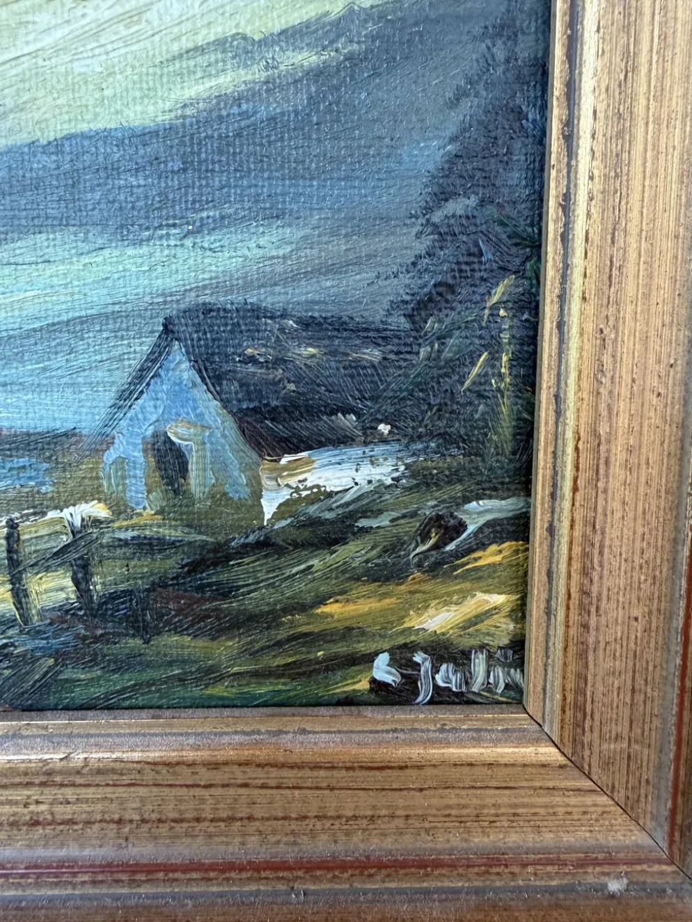 Petite peinture vintage paysage de campagne – Huile sur toile – Maison anci