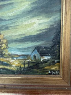 Petite peinture vintage paysage de campagne – Huile sur toile – Maison anci