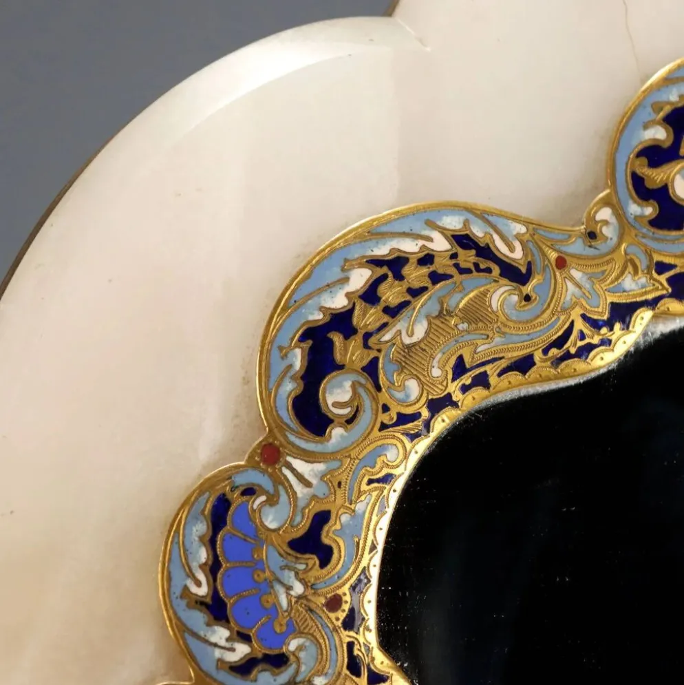 Petit miroir de table ancien champlévé et bronze doré XIX-XX siècle