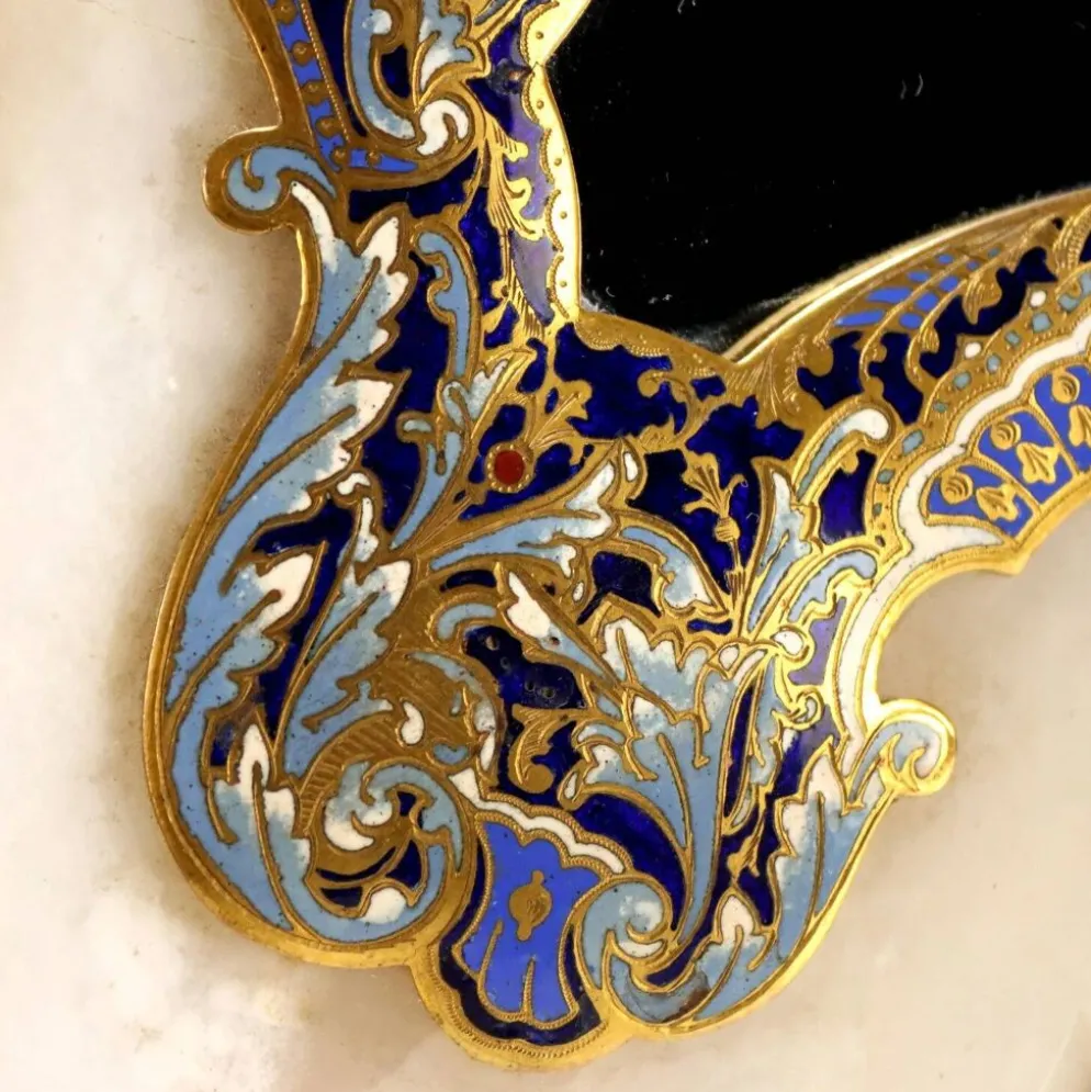Petit miroir de table ancien champlévé et bronze doré XIX-XX siècle