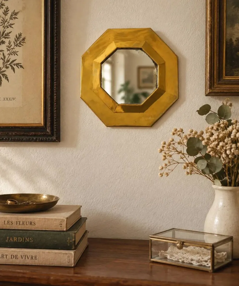 Petit miroir octogonal vintage en métal doré – style Art déco 19 cm