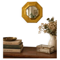 Petit miroir octogonal vintage en métal doré – style Art déco 19 cm