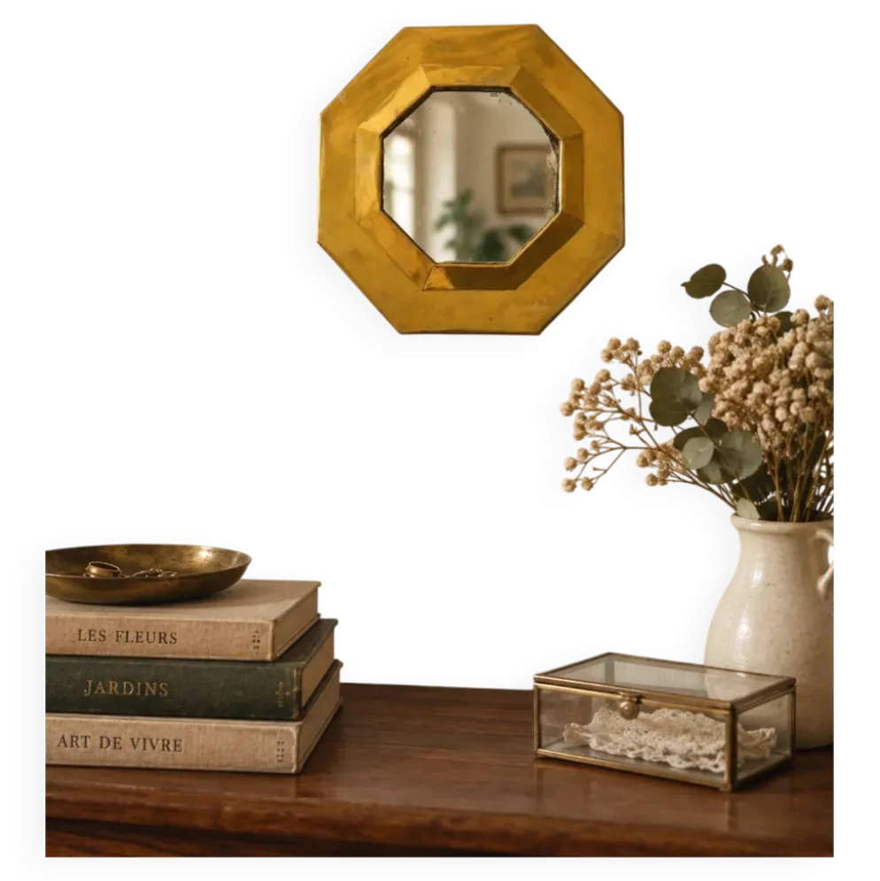 Petit miroir octogonal vintage en métal doré – style Art déco 19 cm