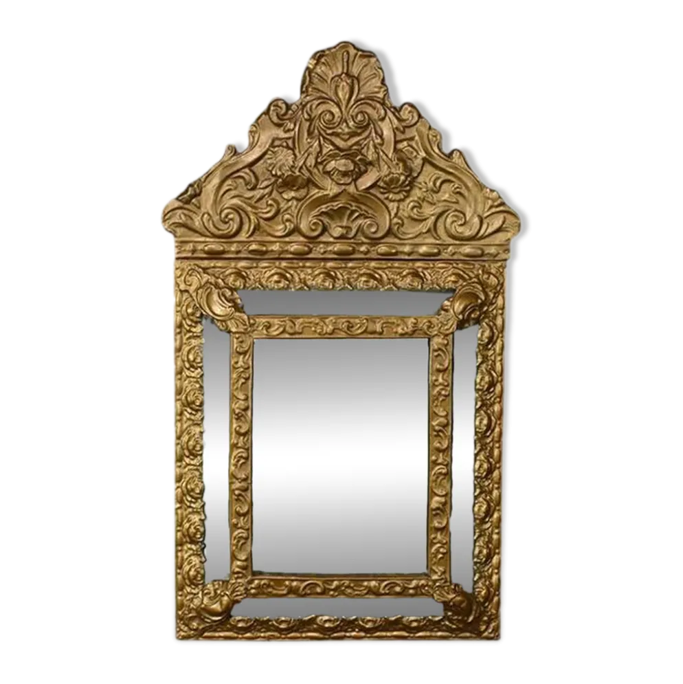 Petit Miroir à Parcloses en Laiton Repoussé – 1900