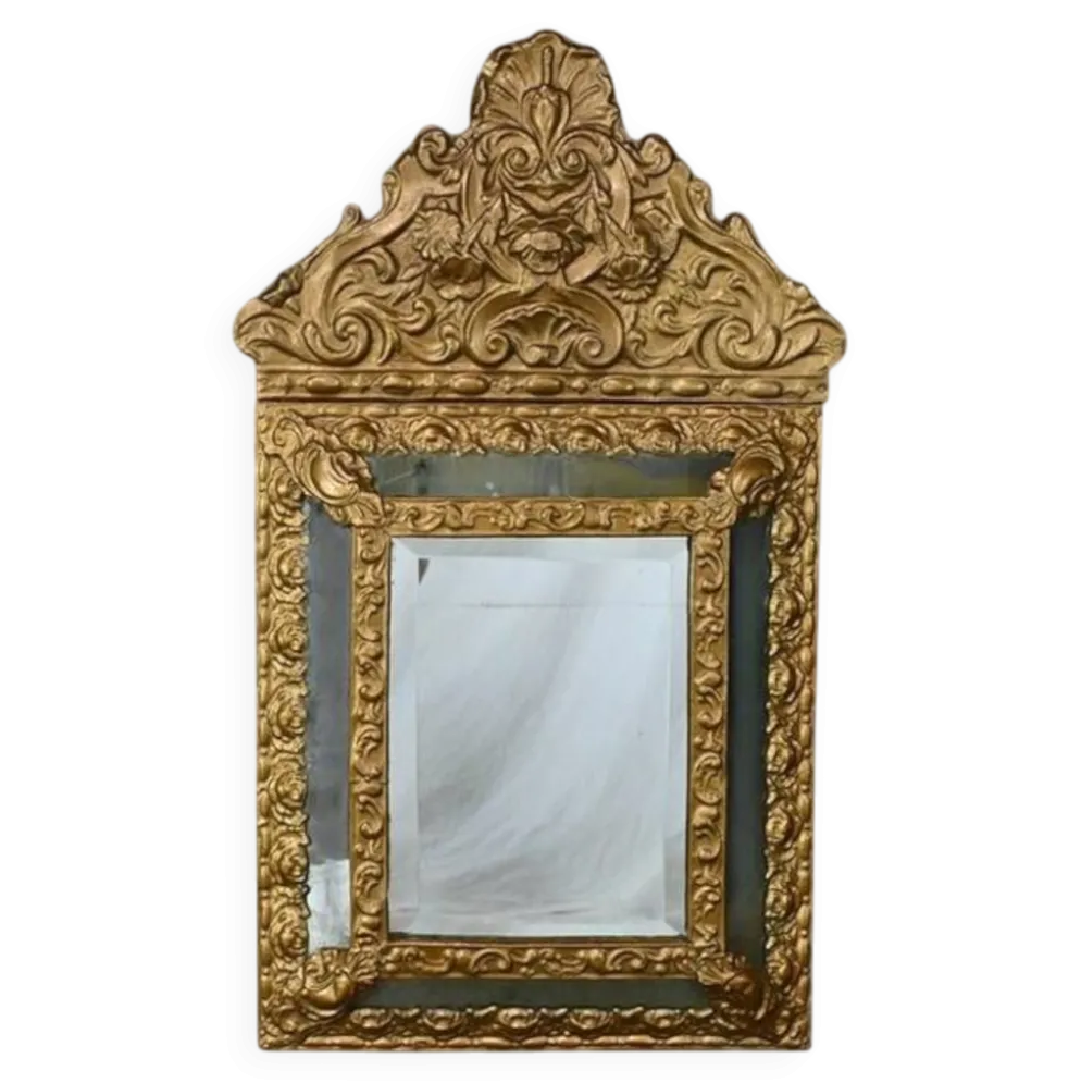 Petit Miroir à Parcloses en Laiton Repoussé – 1900