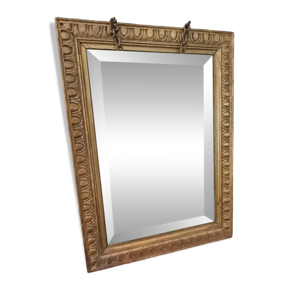 Petit miroir vintage en bois doré, verre biseauté avec chaîne