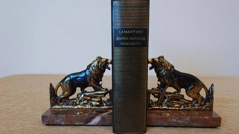 Petits serre-livres lions rugissants en régule patiné sur socle en marbre