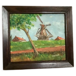 Petit tableau paysage moulin huile sur panneau signée