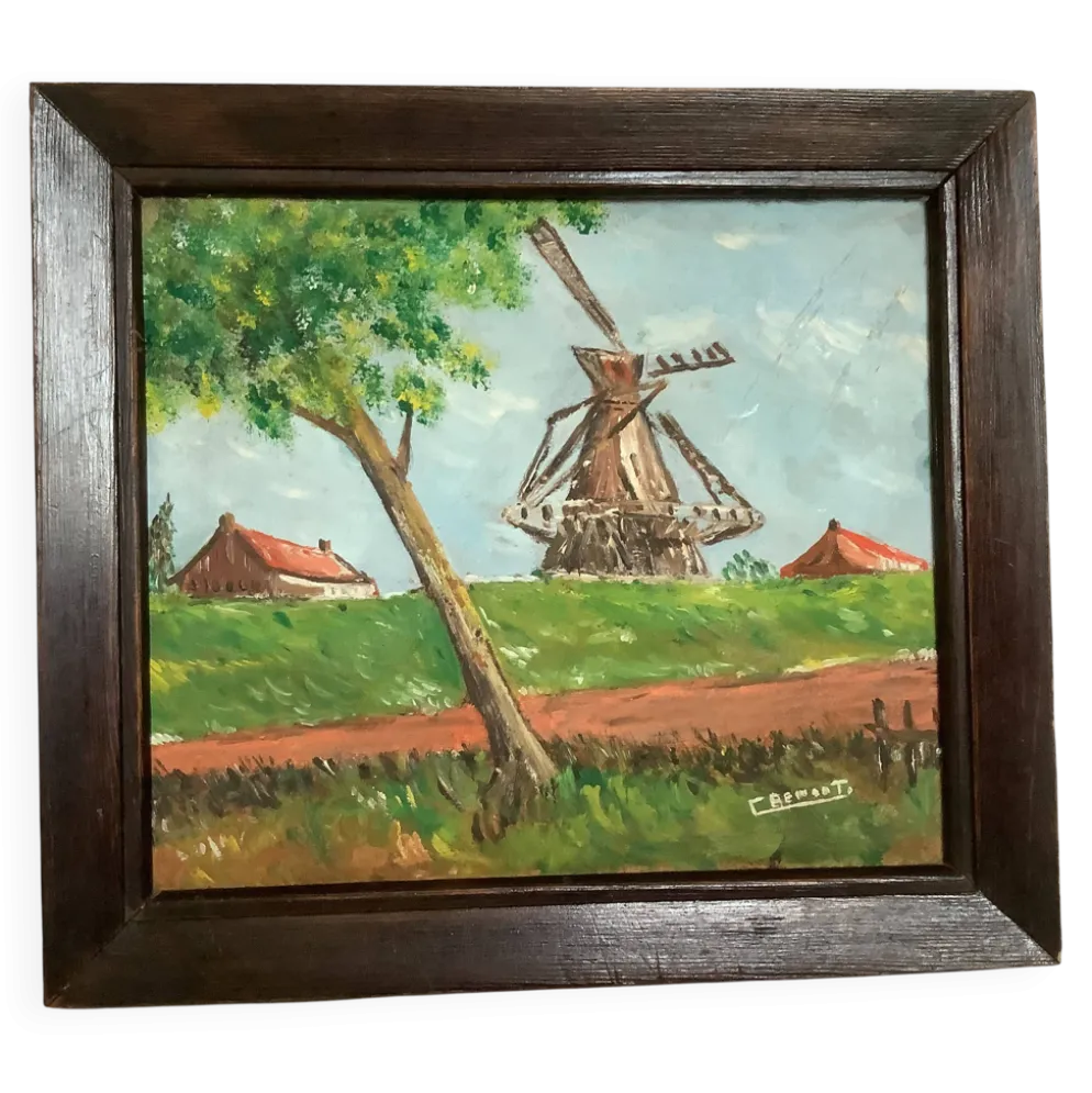 Petit tableau paysage moulin huile sur panneau signée
