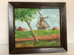 Petit tableau paysage moulin huile sur panneau signée