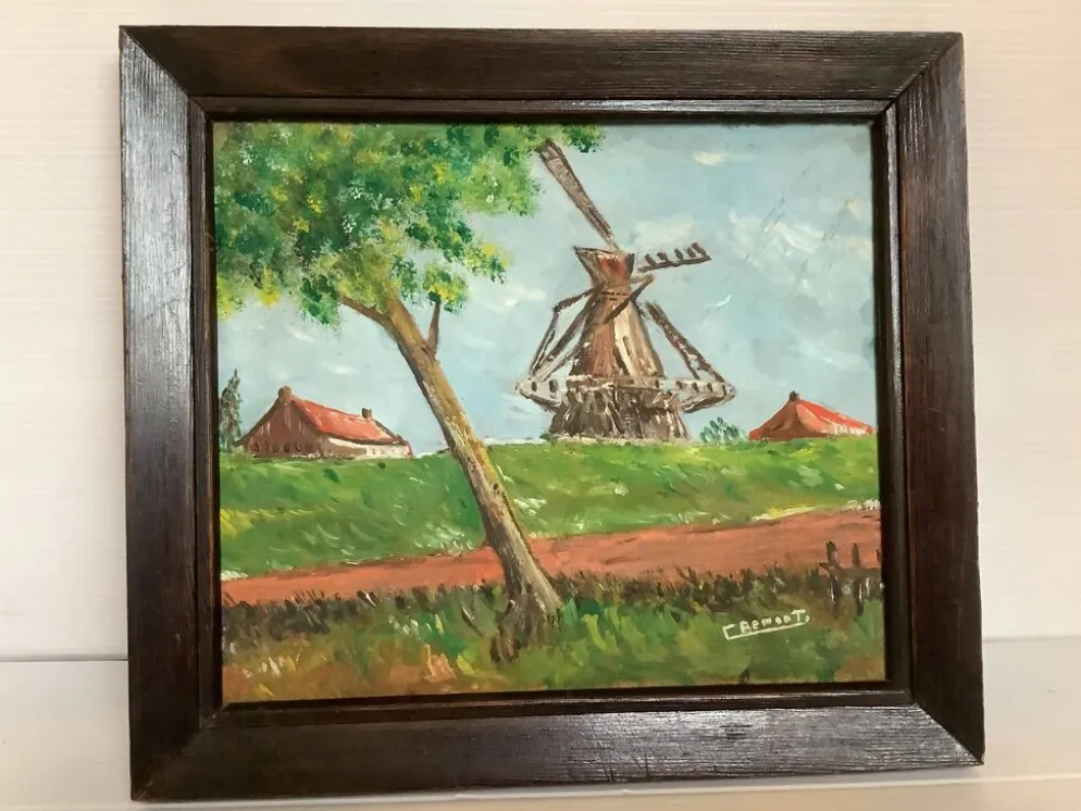 Petit tableau paysage moulin huile sur panneau signée