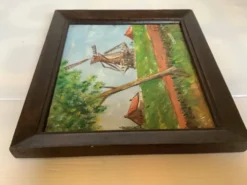 Petit tableau paysage moulin huile sur panneau signée