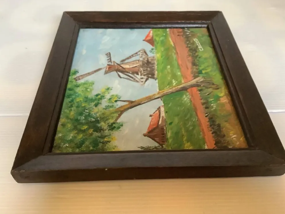 Petit tableau paysage moulin huile sur panneau signée