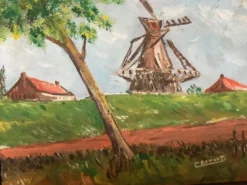 Petit tableau paysage moulin huile sur panneau signée