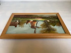 Petit tableau village avec un moulin huile sur toile signée