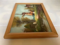 Petit tableau village avec un moulin huile sur toile signée