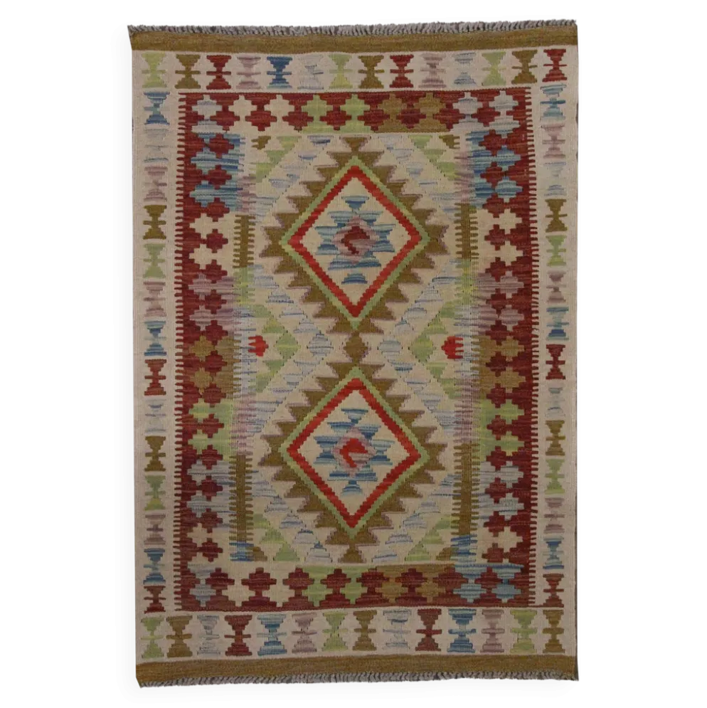 Petit tapis en laine tissé à plat avec un motif géométrique en zigzag pour le salon.