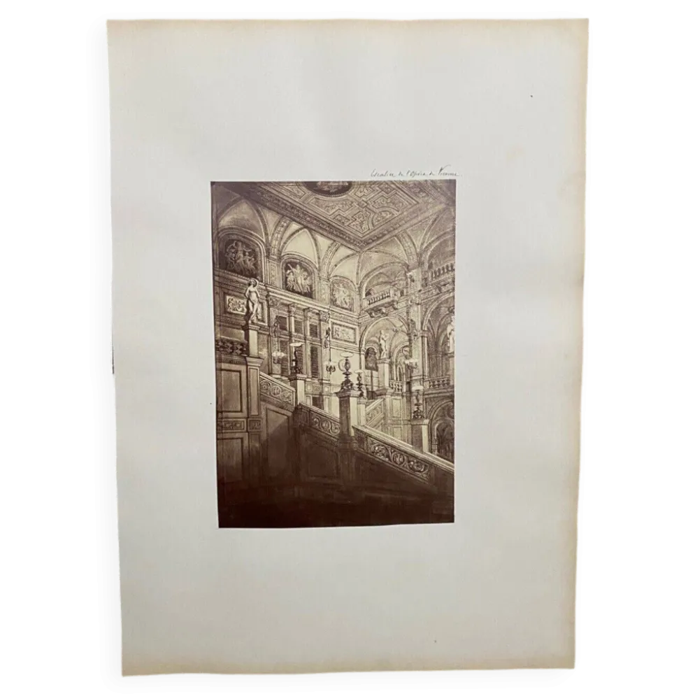 Photo Escalier de l'Opéra de Vienne XIXe albumine carton contrecollé