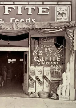 Photo vintage Mississippi 1936 – Devanture CJ Fite Jazz Feeds – Tirage prem