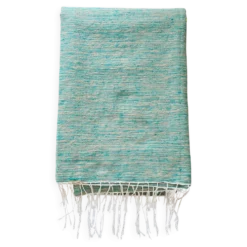 Plaid tissé main vert et lin à fines rayures - franges fines