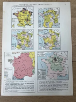 Planche cartographique - France, population et divisions - 27x37cm - 1