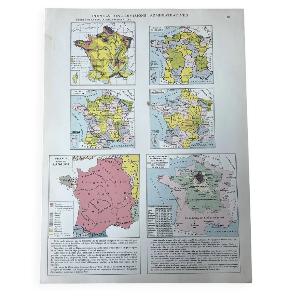 Planche cartographique - France, population et divisions - 27x37cm - 1