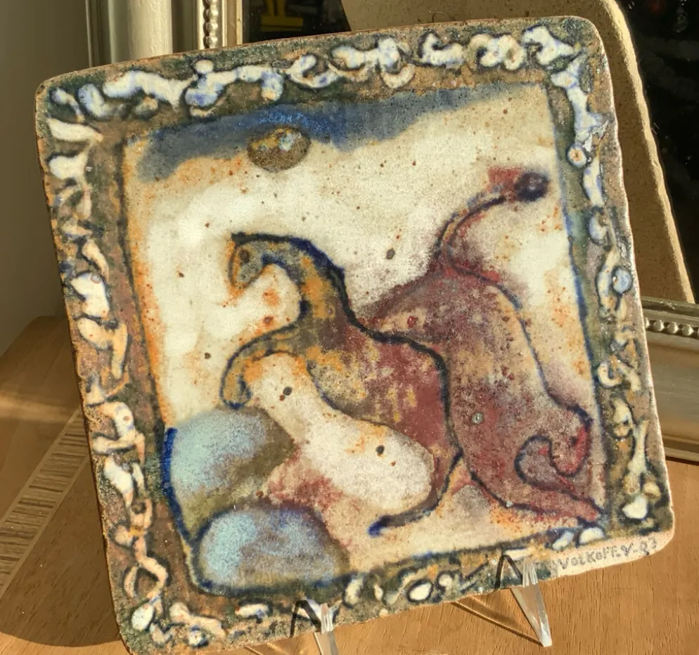 Plaque en grès vernissé Voldemar Volkoff 25x25