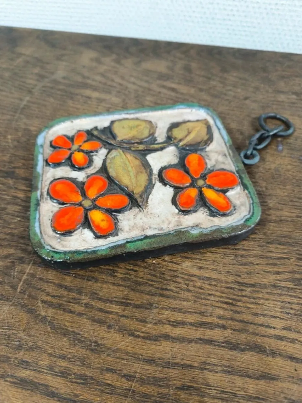 Plaque murale céramique vintage 60s/70s style Vallauris / Fat Lava fleurs orange