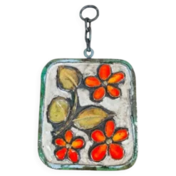 Plaque murale céramique vintage 60s/70s style Vallauris / Fat Lava fleurs orange