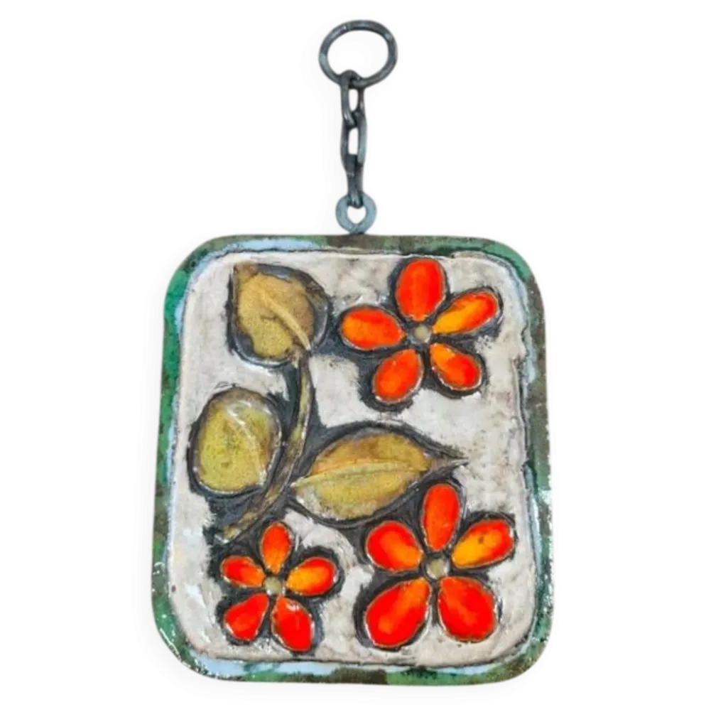 Plaque murale céramique vintage 60s/70s style Vallauris / Fat Lava fleurs orange