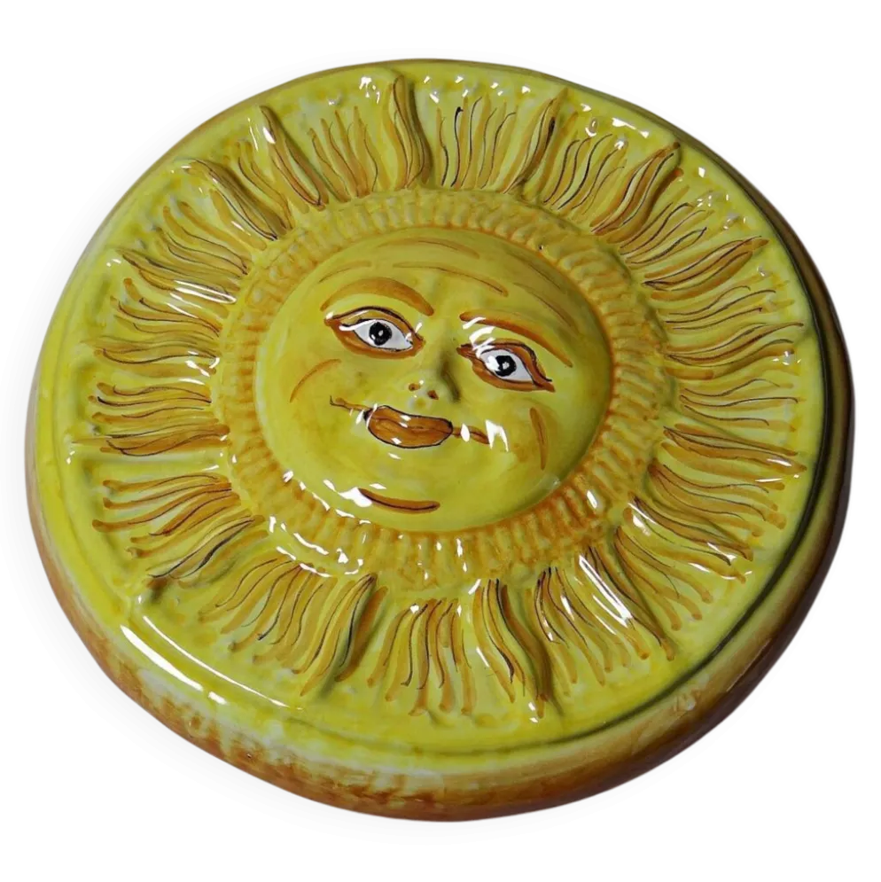 Plaque murale soleil anthropomorphe en majolique de Vietri artisanal vintag
