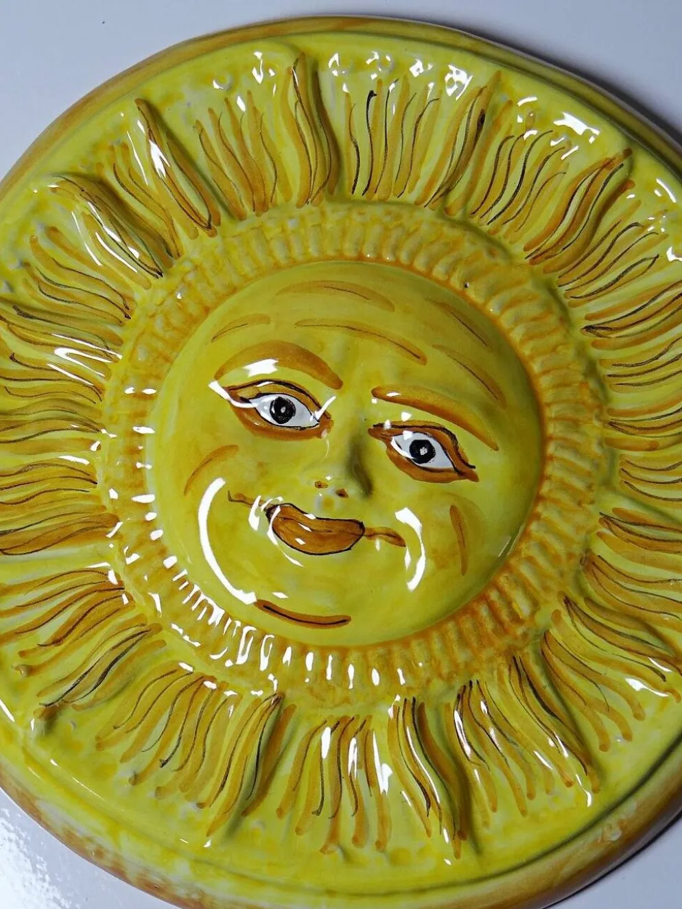 Plaque murale soleil anthropomorphe en majolique de Vietri artisanal vintag