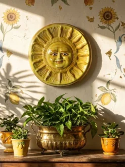 Plaque murale soleil anthropomorphe en majolique de Vietri artisanal vintag