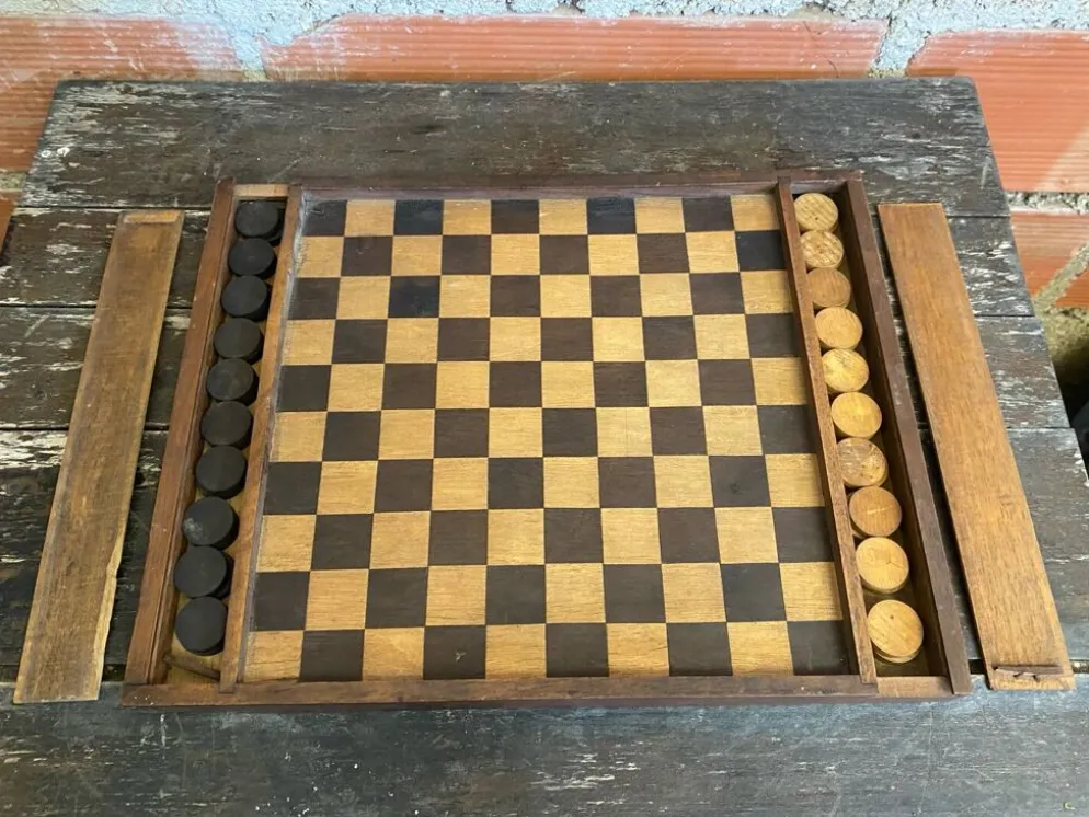 Plateau double face jeu de dames et d'échecs en bois