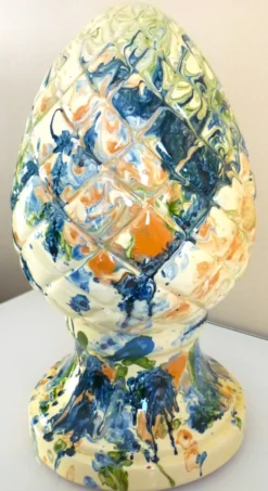 Pomme de pin, céramique, terre cuite émaillée, couleurs mêlées, vives,32cm