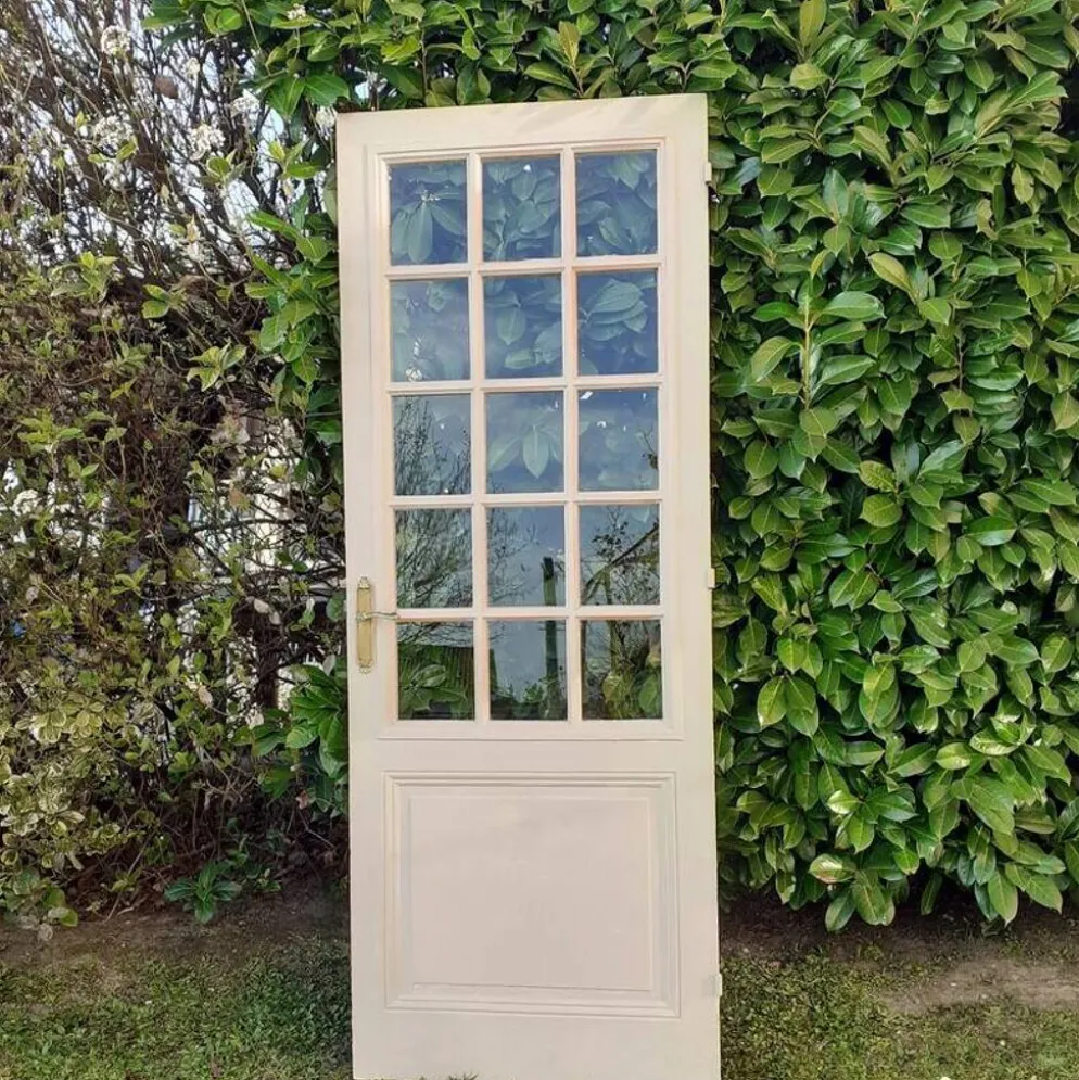 Porte ancienne de communication vitrée moulurée 218,5x83 15 petits carreaux