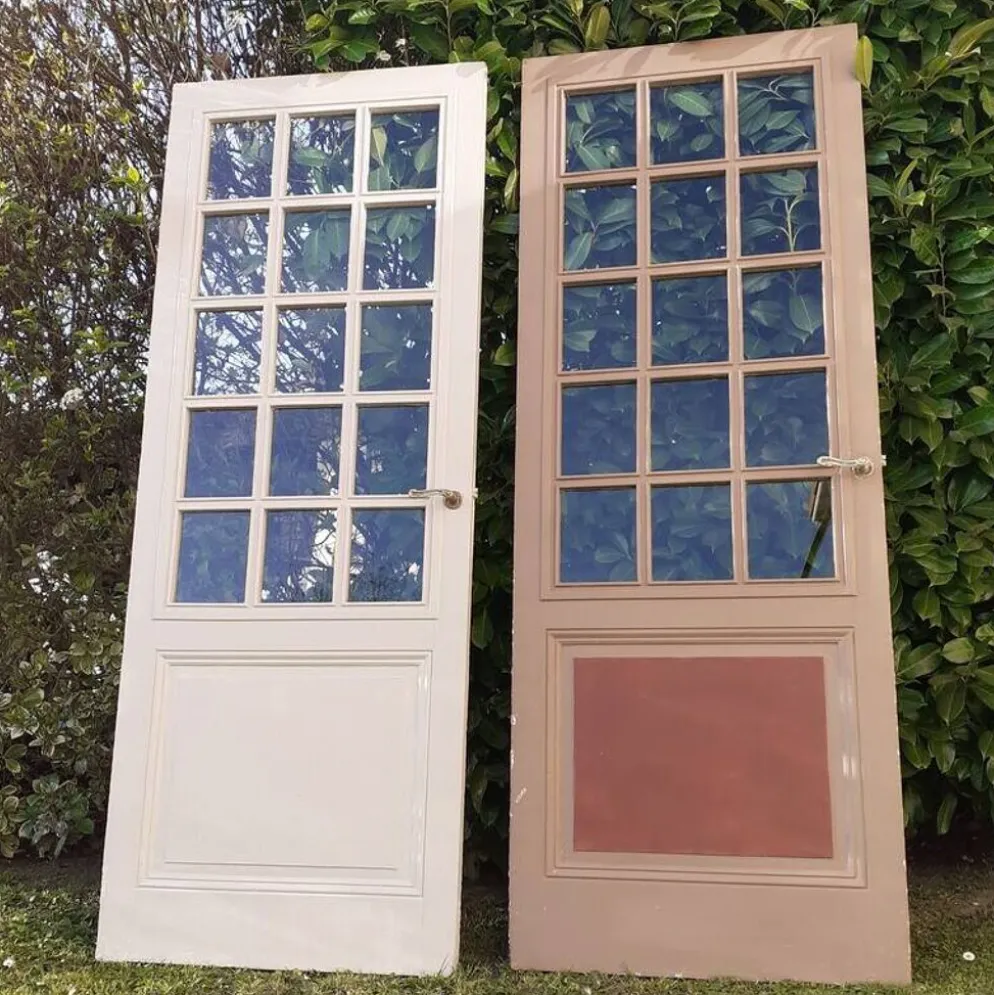 Porte ancienne de communication vitrée moulurée 218,5x83 15 petits carreaux