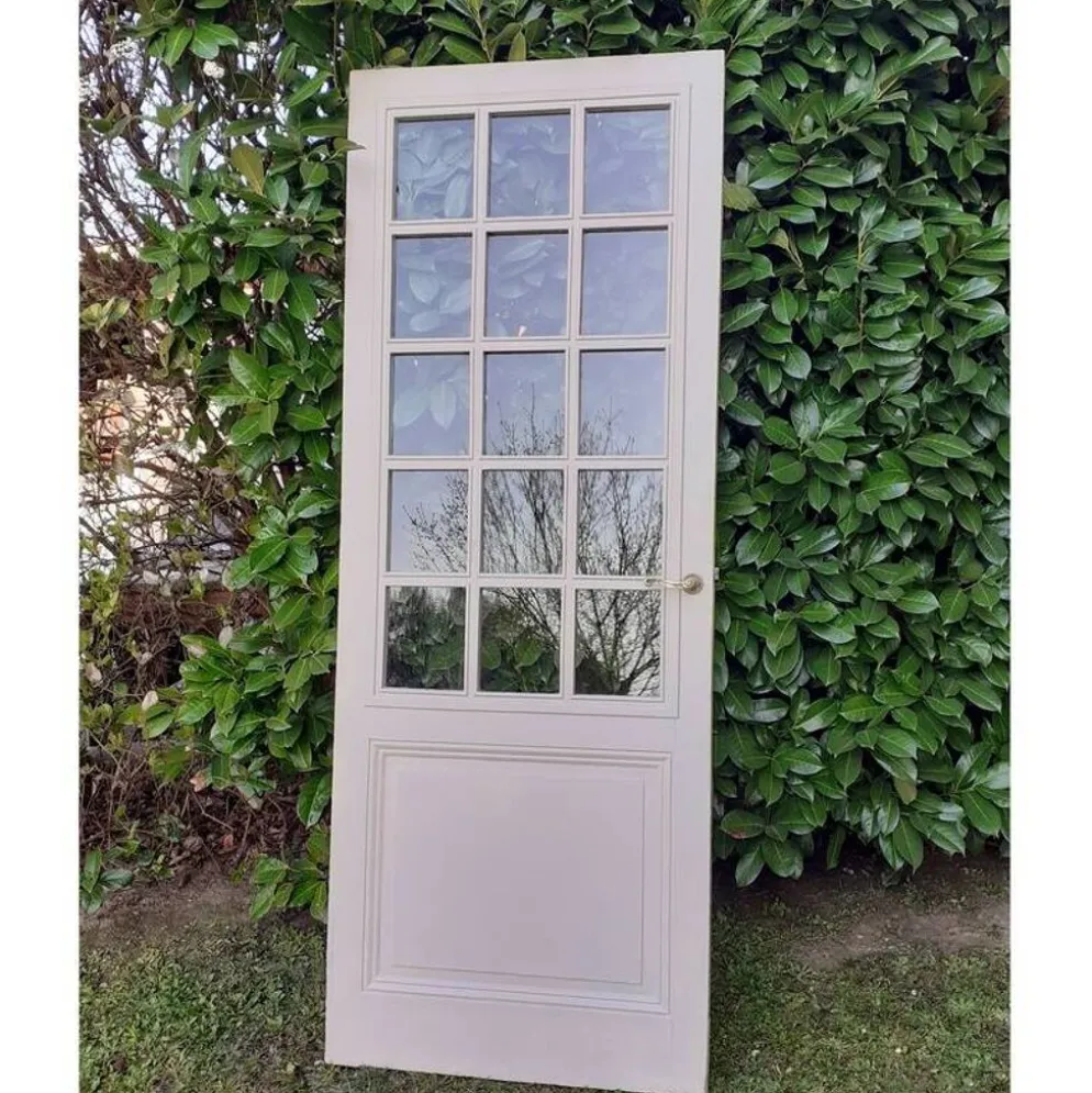 Porte ancienne de communication vitrée moulurée 218,5x83 15 petits carreaux