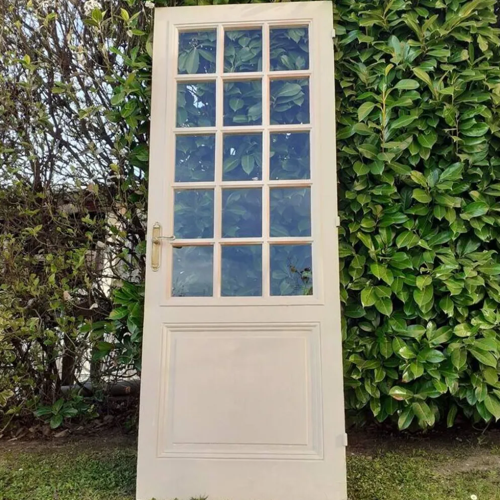 Porte ancienne de communication vitrée moulurée 218,5x83 15 petits carreaux