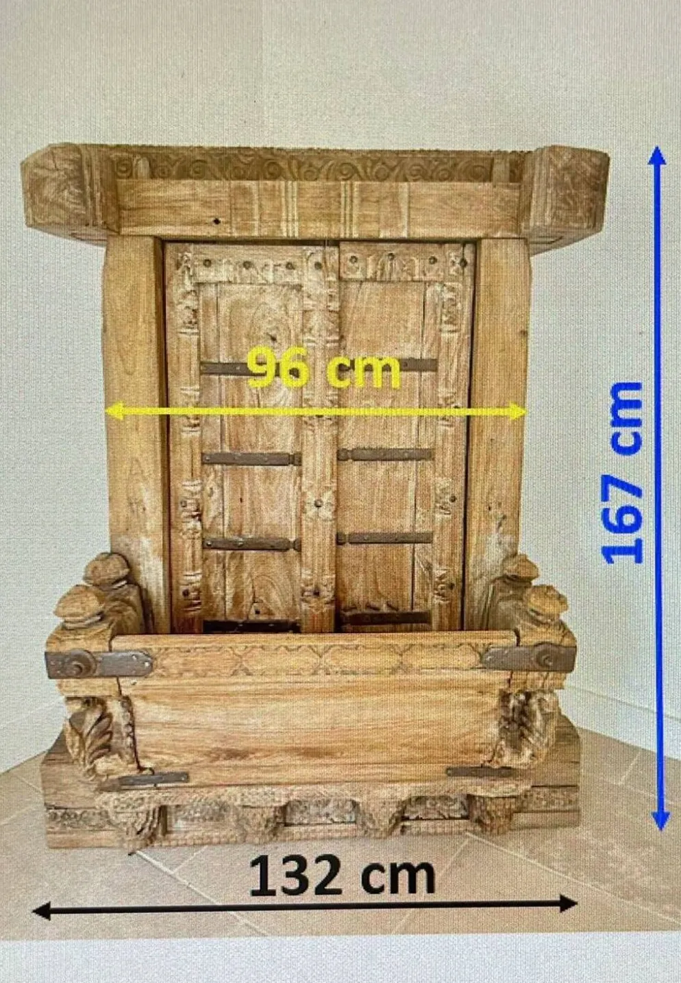 Porte & balcon indien ancien du Rajasthan en teck massif