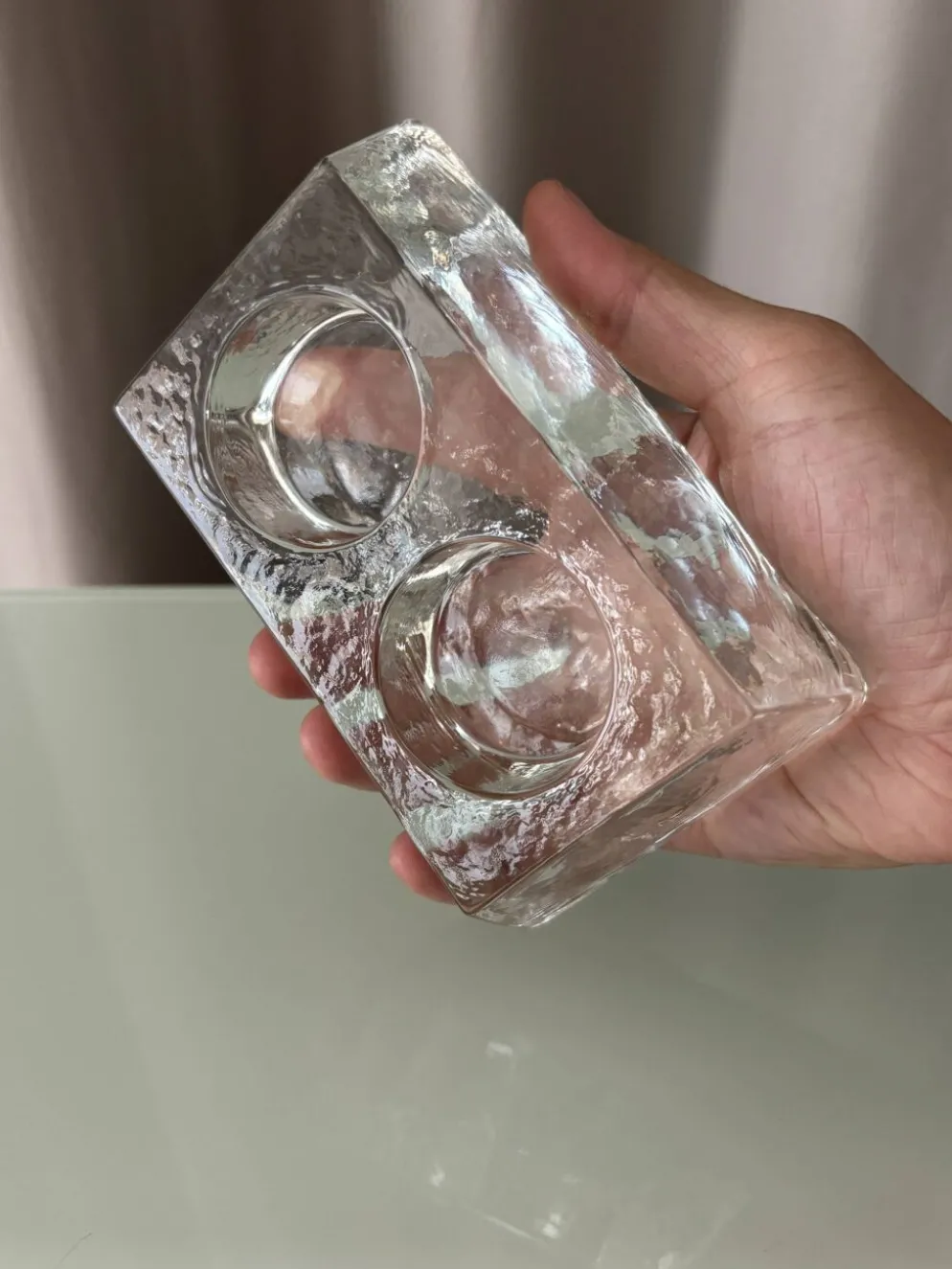 Porte-bougie double en verre épais vintage – verre transparent sculptural