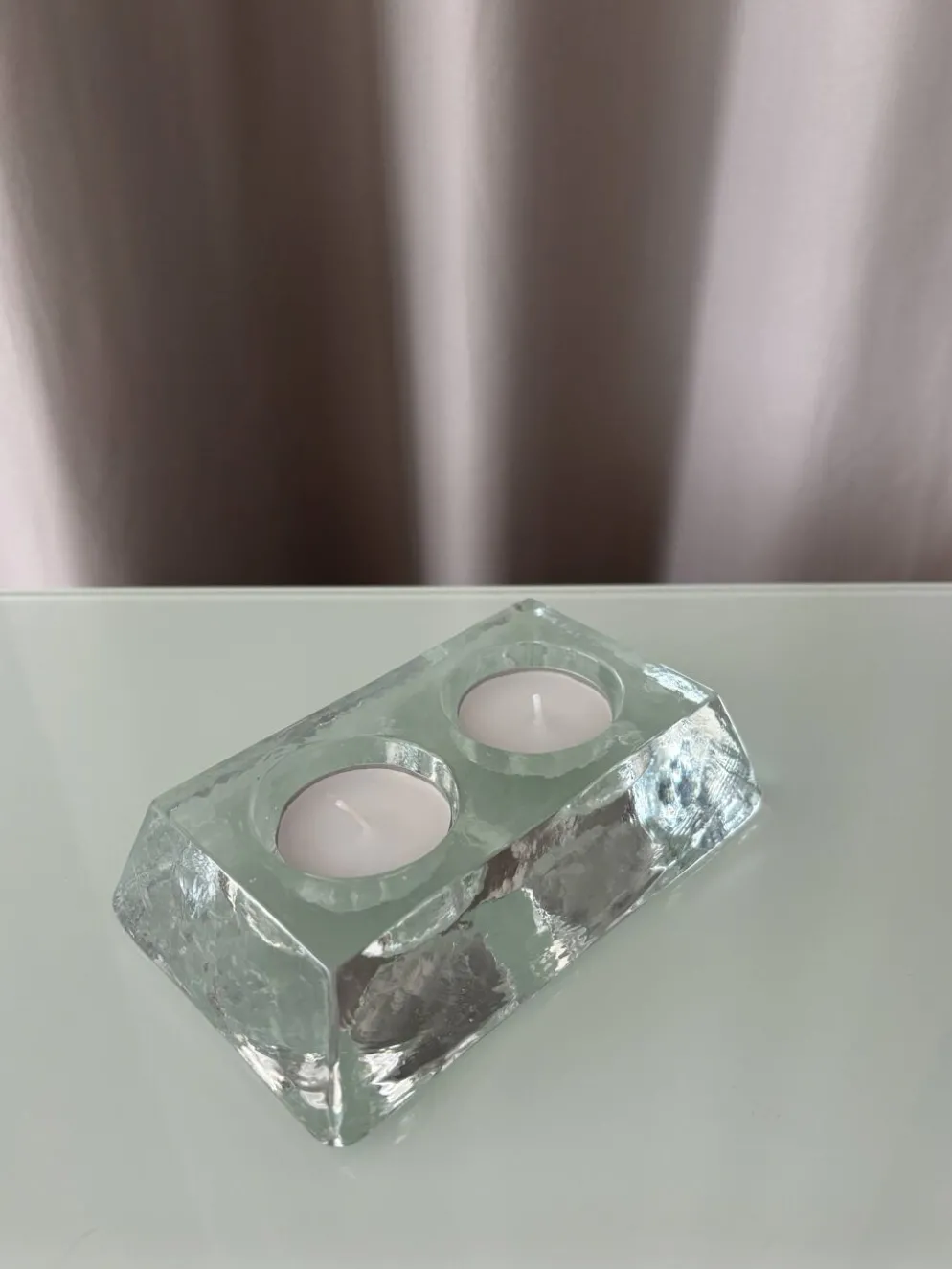Porte-bougie double en verre épais vintage – verre transparent sculptural