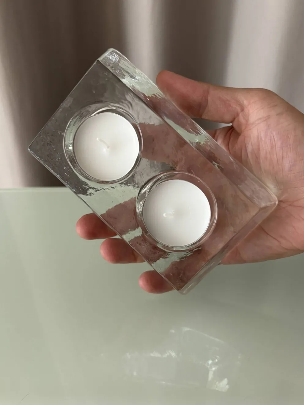 Porte-bougie double en verre épais vintage – verre transparent sculptural