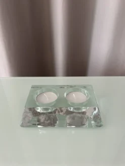 Porte-bougie double en verre épais vintage – verre transparent sculptural