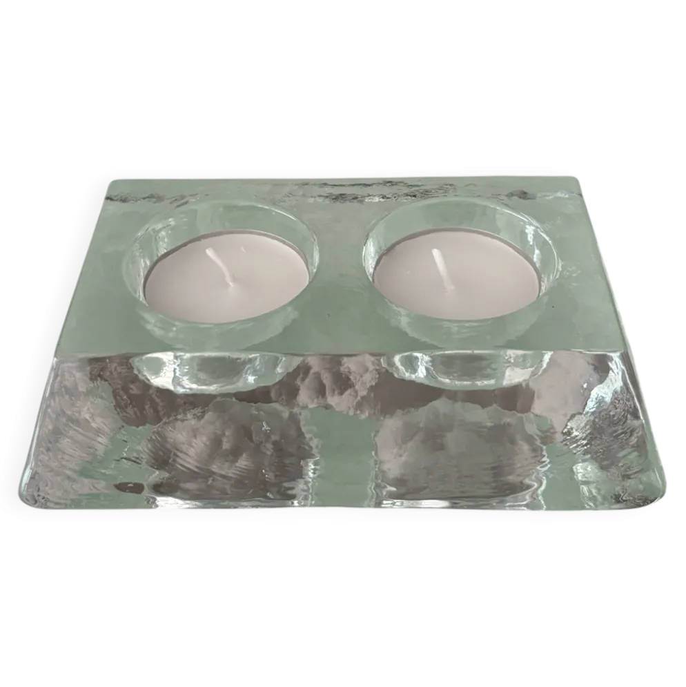 Porte-bougie double en verre épais vintage – verre transparent sculptural