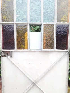 Porte d'atelier 258,4x98,5cm en fer et verres cathédrales colorés