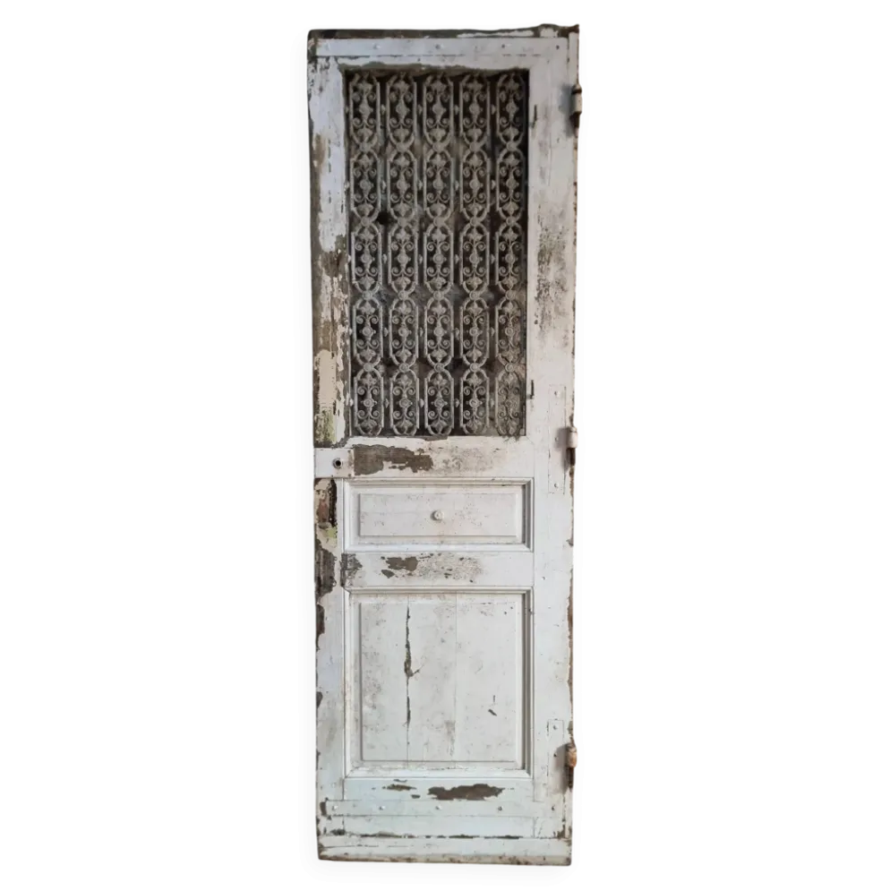 Porte d'entrée ancienne en chêne avec grille en fonte, récupération architecturale française