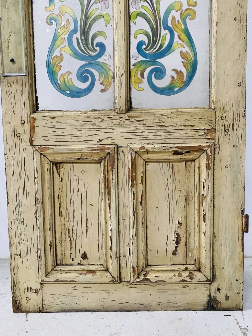 Porte de passage en sapin patiné et verre peint Art Déco