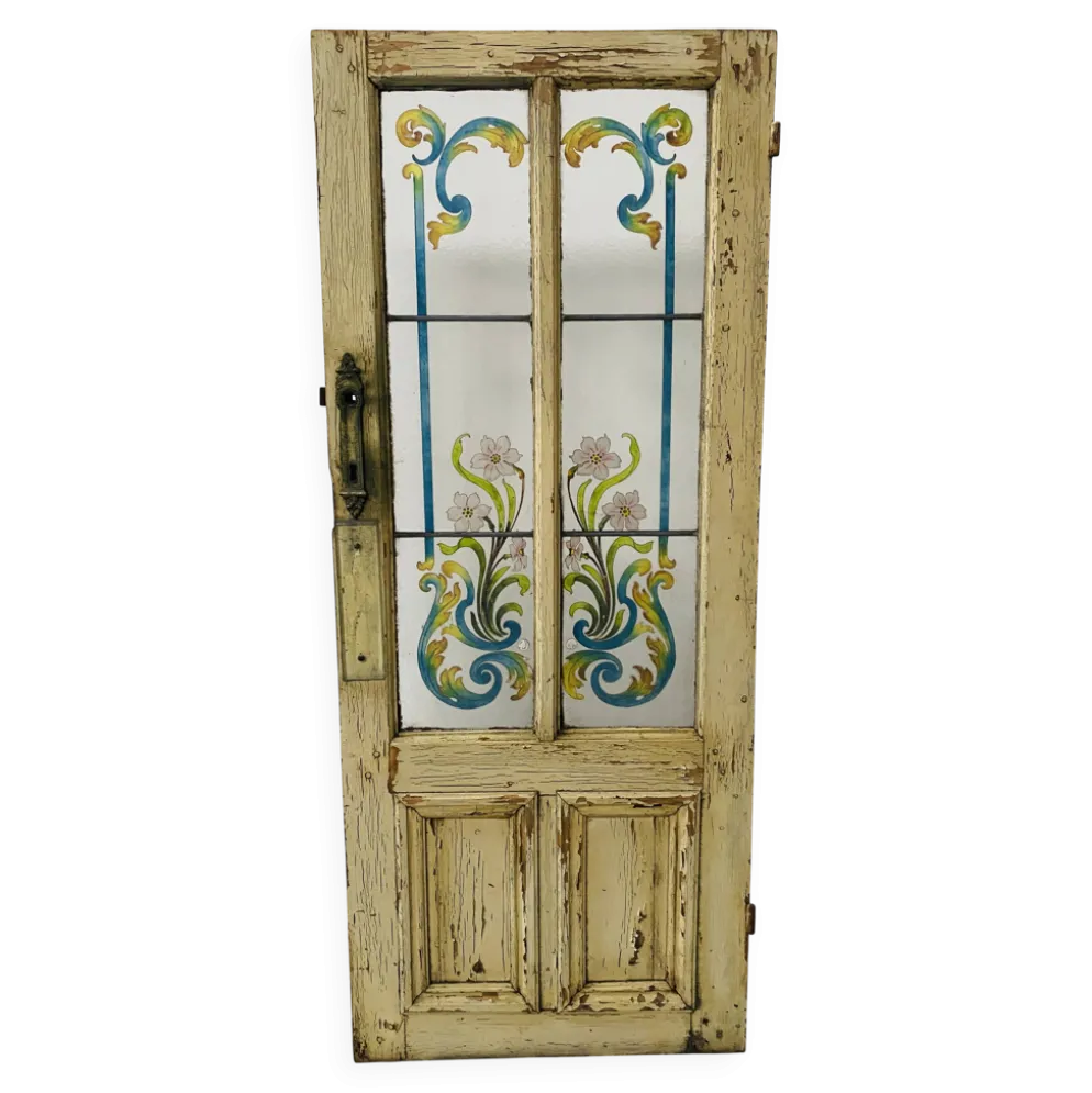 Porte de passage en sapin patiné et verre peint Art Déco