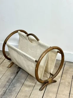 Porte-journaux vintage 1960 en bambou courbé et toile